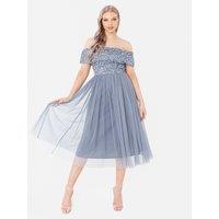 Maya Deluxe Women's Bardot Embellished Midi Dress in Blue | Size: 16