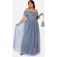 Maya Deluxe Women's Bardot Embellished Maxi Dress in Blue | Size: 6