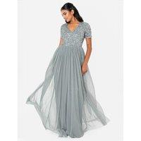 Maya Deluxe Women's Short Sleeve V Neck Embellished Maxi Dress in Teal | Size: 14