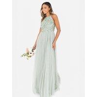 Maya Deluxe Women's Embellished Halter Neck Maxi Dress in Mint | Size: 18