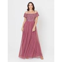 Maya Deluxe Women's Bardot Embellished Maxi Dress in Rose | Size: 14
