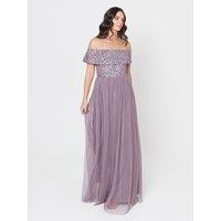 Maya Deluxe Women's Bardot Embellished Maxi Dress in Lilac | Size: 12
