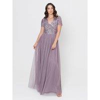 Maya Deluxe Women's Short Sleeve V Neck Embellished Maxi Dress in Lilac | Size: 6