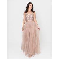Maya Deluxe Women's Stripe Embellished Maxi Dress in Taupe | Size: 14