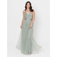 Maya Deluxe Women's Stripe Embellished Maxi Dress in Mint | Size: 26