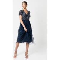 Maya Deluxe Women's Short Sleeve V Neck Embellished Midi Dress in Dark Navy | Size: 6