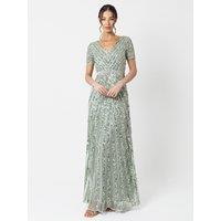 Maya Deluxe Women's Short Sleeve Stripe Embellished Maxi Dress in Mint | Size: 28