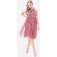 Maya Deluxe Women's Embellished Halter Neck Midi Dress in Rose | Size: 12