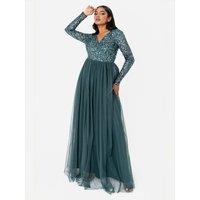 Maya Deluxe Women's V Neck Embellished Long Sleeve Maxi Dress in Emerald | Size: 10