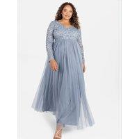 Maya Deluxe Women's V Neck Embellished Long Sleeve Maxi Dress in Blue | Size: 10