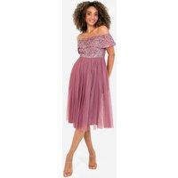 Maya Deluxe Women's Bardot Embellished Midi Dress in Rose | Size: 10