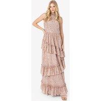 Maya Deluxe Women's Fully Embellished Halter Neck Maxi Dress in Nude | Size: 18