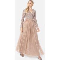 Maya Deluxe Women's Faux Wrap Front Embellished Maxi Dress in Taupe | Size: 14
