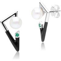 Gemondo Women's Grand Deco Emerald & Pearl Retro Earrings In Sterling Silver in White
