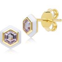 Gemondo Women's Geometric Hex Pink Amethyst & White Enamel Stud Earrings in Gold Plated Sterling Silver