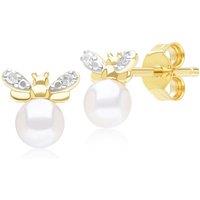 Gemondo Women's Honeycomb Inspired Pearl & Diamond Bee Stud Earrings in 9ct Yellow Gold in White