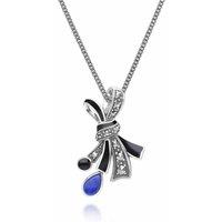Gemondo Women's Art Nouveau Style Marcasite, Lapis Lazuli & Black Enamel Ribbon Bow Pendant Necklace in Sterling Silver | Size: 18 inches