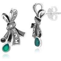 Gemondo Women's Art Nouveau Style Marcasite, Chalcedony & Black Enamel Ribbon Bow Stud Earrings in Sterling Silver