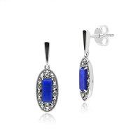 Gemondo Women's Art Deco Style Oval Lapis Lazuli, Marcasite & Black Enamel Drop Earrings in Sterling Silver