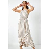 Roman Women's Stripe Print Frill Detail Maxi Dress in White | Size: 8