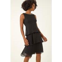 Roman Women's Tiered Embellished Neck Chiffon Dress in Black | Size: 14