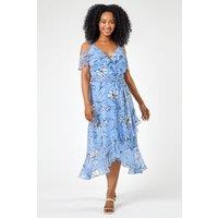 Roman Women's Petite Floral Cold Shoulder Midi Wrap Dress in Blue | Size: 12