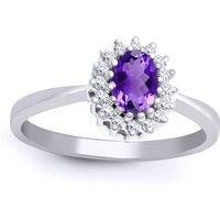 Jewelco London Women's 9ct White Gold Diamond Amethyst Classic Royal Cluster Ring 9mm in Silver | Size: O