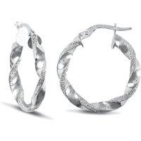 Jewelco London Women's 9ct White Gold Frosted Edge Twisted 3mm Hoop Earrings 22mm in Silver