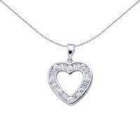 Jewelco London Women's Silver Baguette CZ Love Heart Pendant Necklace 18 inch
