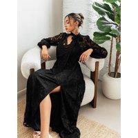Maya Deluxe Women's Tie Neck Long Sleeve Lace Maxi Dress in Black | Size: 8
