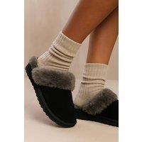 Spot On Women's Premium Shearling-Lined Suede Slip On Slippers with Cushioned Sole in Black | Size: 3