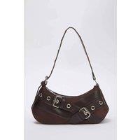 WOVCOR Women's Baguette Shoulder Bag With Belt-Buckle Hardware in Dark Brown