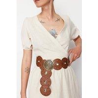 WOVCOR Women's Faux Leather Belt with Metal Disc Detail in Tan