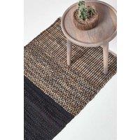 Homescapes Leather Handwoven Herringbone Hall Runner, 66 x 200 cm in Black | Size: 66 cm x 200 cm