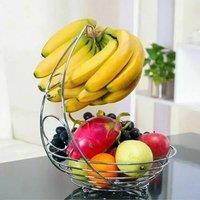 Marco Paul 2 in 1 Chrome Fruit Bowl Basket & Banana Hook Hanger Stand Holder Apple Orange in Silver