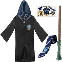 I Love Fancy Dress Harry Potter Costume - 4Pcs - Ravenclaw Cloak, Tie, Tattoos & Wand | Size: Small