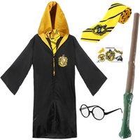 I Love Fancy Dress Harry Potter Costume - Hufflepuff Cloak, Tie, Tattoos, Glasses & Wand | Size: Medium