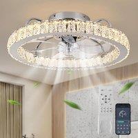 Garwarm LED Dimmable Semi Flush Mount Crystal Chrome Ceiling Fan in White