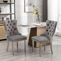 HomeTouch Set of 2 Luxe Velvet Dining Chairs with Steel Legs & Pull Knocker Ring Back in Grey | Size: 2 Pack