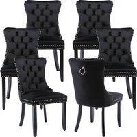 HomeTouch Romsey Set of 6 Velvet Upholstered Dining Chairs with Oak Legs & Knocker Ring Back in Black | Size: 6 Pack