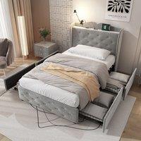 Matteo Upholstered Bed, Storage Bed, 3FT Single Bed With 4 Drawers & Lamp in Grey | Size: Double