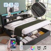 Matteo Upholstered Double Bed w/ USB charging function, storage headboard & LED lighting, 5ft Double Bed storage bed frame(150x200cm), Wooden Slatted
