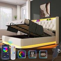 Matteo Upholstered King Ottoman Bed with 360 Surround Led Function in White | Size: Double