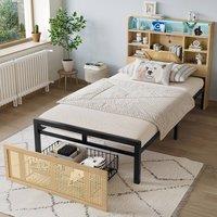 Matteo Wooden Single Bed - Smart Headboard with LED & USB, Rattan Storage in Natural