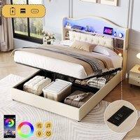Matteo 4ft6 Double Upholstered Beige Storage Bed Frame with LED & Charging