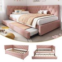 Matteo Pink Velvet Upholstered Daybed with Pull-Out Trundle, Single 3FT