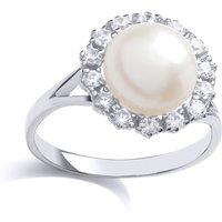 Jewelco London Women's Silver CZ Pearl Sunflower Cluster Dress Ring 9mm | Size: N