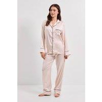 Dorothy Perkins Women's Satin Tipped Edge Long Sleeve Nightwear Set in Cream | Size: Medium