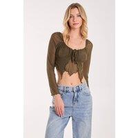 Pink Vanilla Women's Butterfly Long Sleeve Mesh Top in Khaki | Size: Small