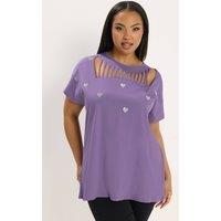 Yours Women's Heart Embroidered Slash T-Shirt in Purple | Size: 26-28